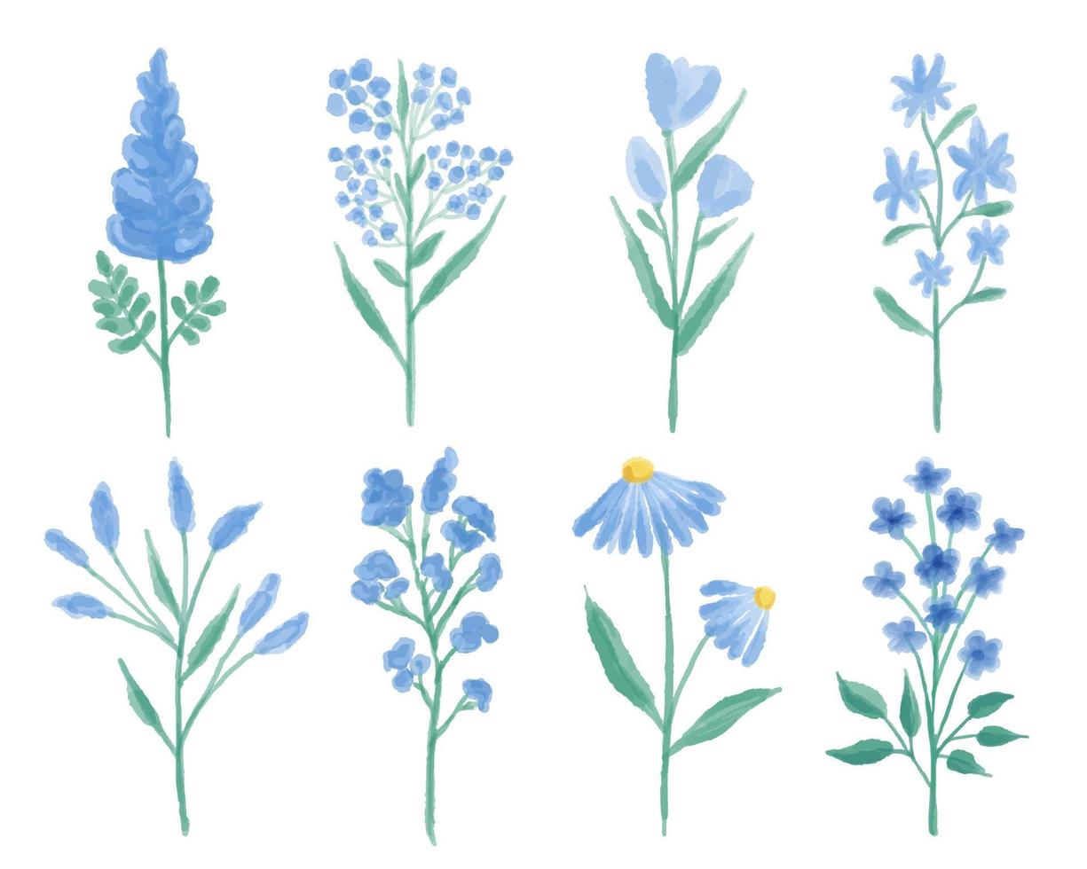 een verzameling blauwe wilde bloemen met de hand geschilderd in waterverf. vector