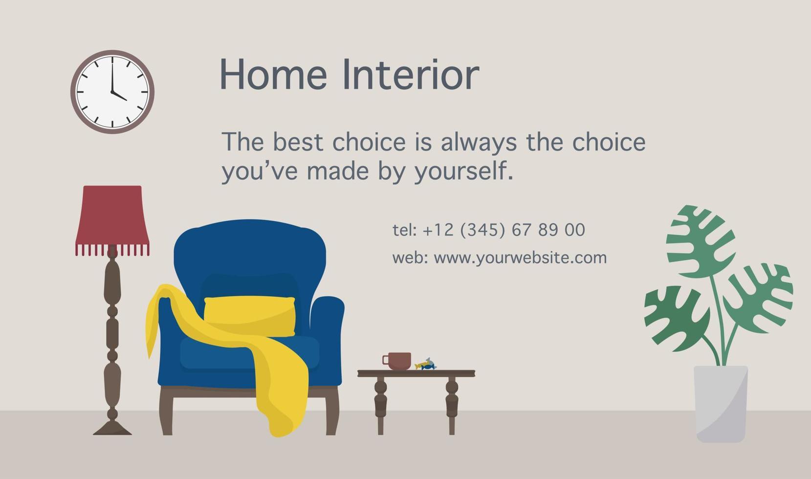 minimalistisch interieur met vintage meubelen. fauteuil, salontafel en lamp, met groene plant. ruimte voor tekst. vlakke stijl vectorillustratie. vector