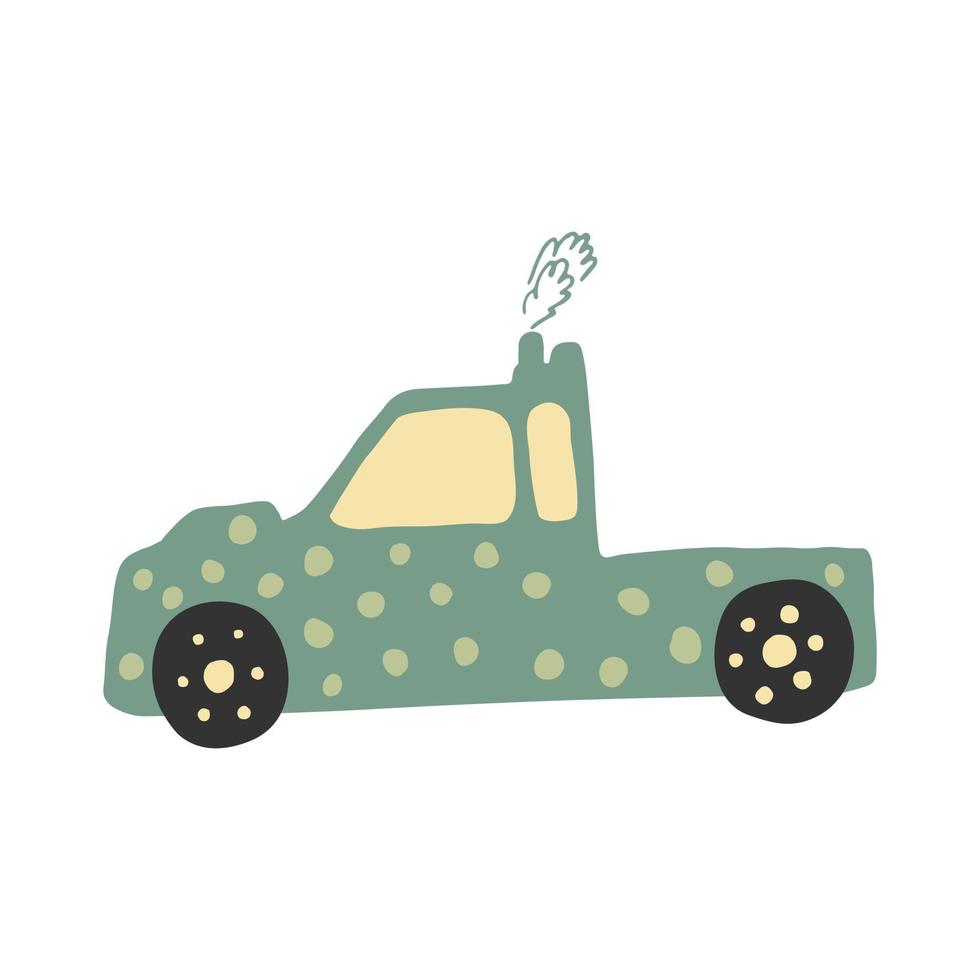kleine groene vrachtwagen in doodle-stijl. schattige kinderen auto vervoer. baby vervoer. tekening schets. vector