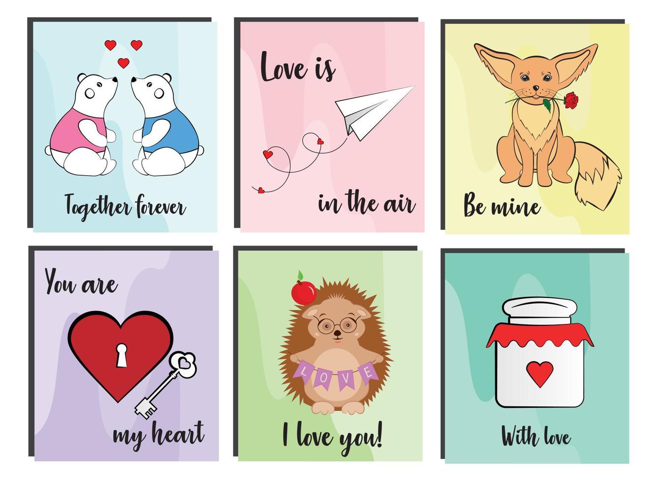 set kaarten voor gelukkige valentijnsdag met romantische items. schattige dieren in de liefde. relatie, liefde, Valentijnsdag, romantisch concept. vectorillustratie voor poster, kaart, briefkaart. vector