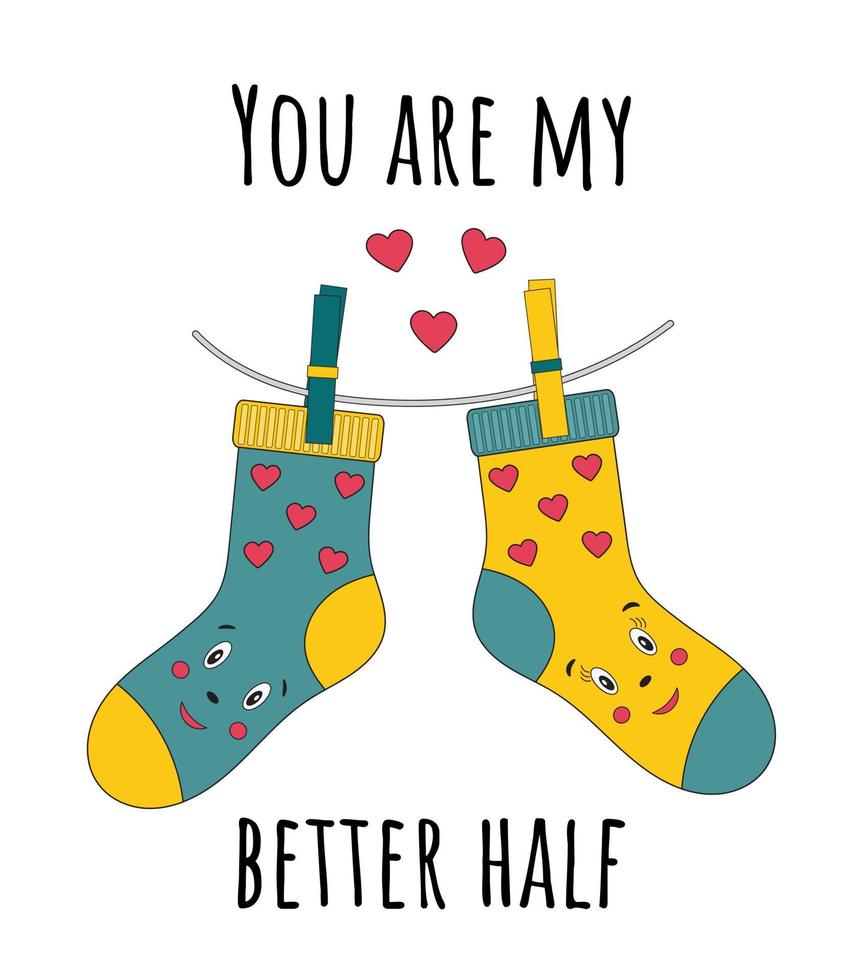 romantisch paar gestreepte sokken hangend aan een touw met hartjes. zoete stripfiguren. illustratie over liefde met inscriptie 'jij bent mijn betere helft'. leuke wenskaart voor valentijnsdag. vector