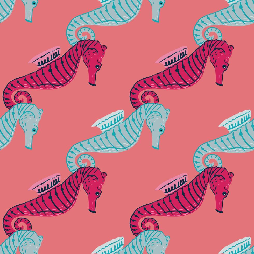 abstract onderwaterfauna naadloos patroon met roze en blauwe zeepaardjessilhouetten. roze pastelachtergrond. vector