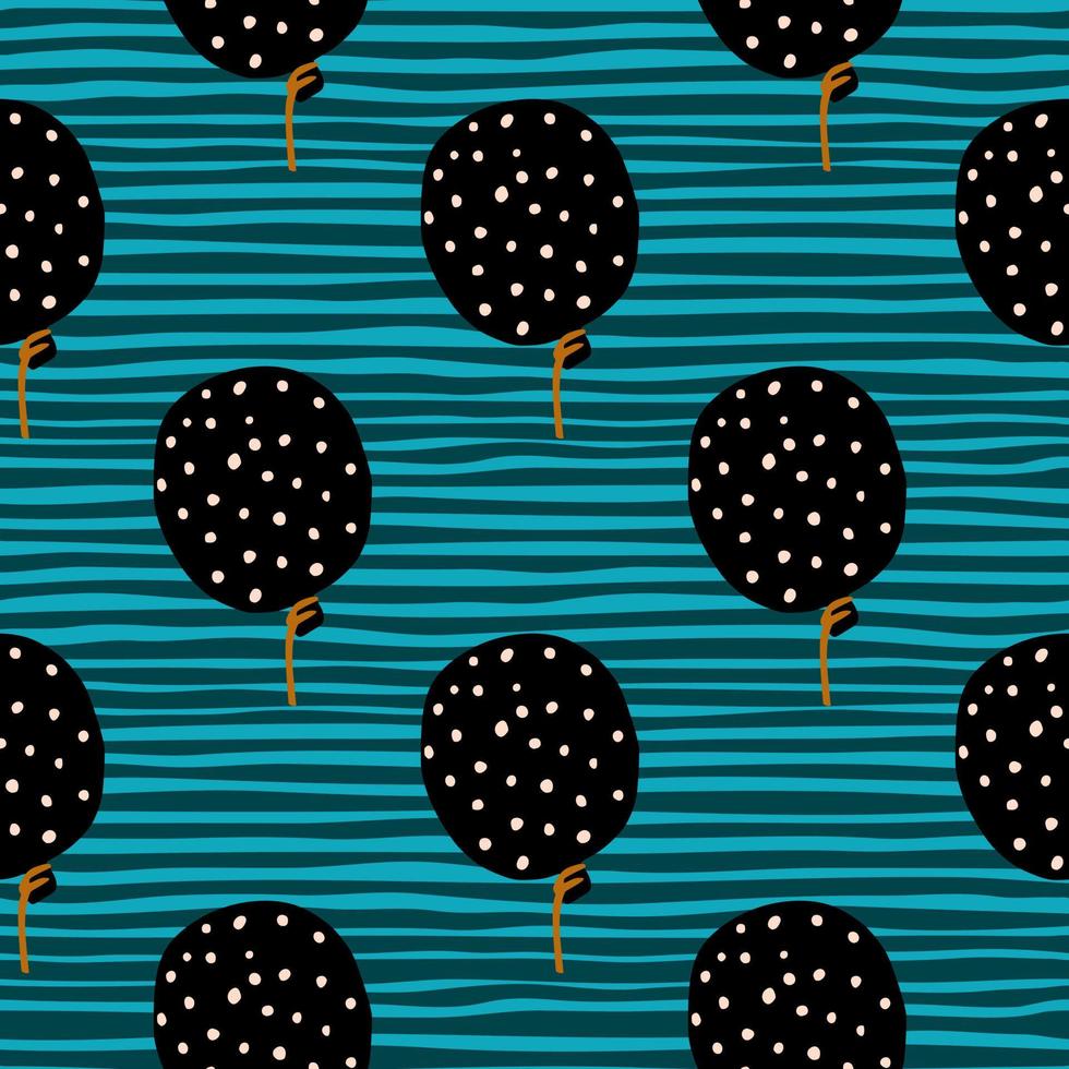 zwarte ballonnen elementen met gele stippen naadloos patroon. blauwe gestripte achtergrond. vakantie leuk kunstwerk. vector