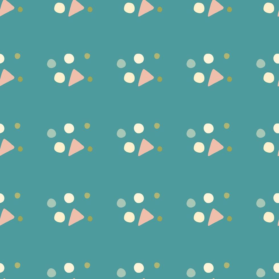 geometrisch abstract naadloos patroon met cirkels en driehoeken. turquoise achtergrond met roze, witte en blauwe cijfers. vector