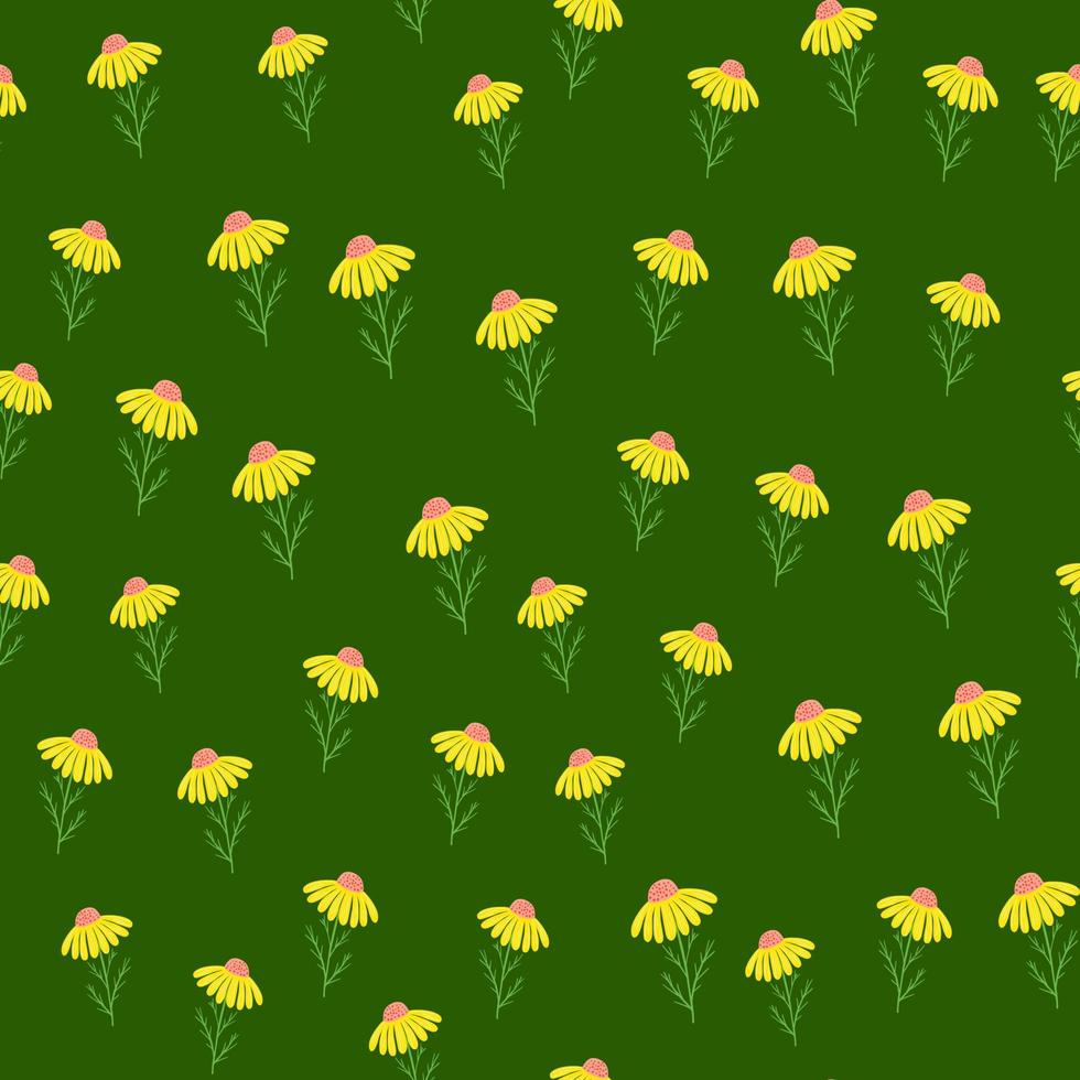 abstract bloemen naadloos patroon met willekeurige kleine gele madeliefjebloemen op groene achtergrond. vector