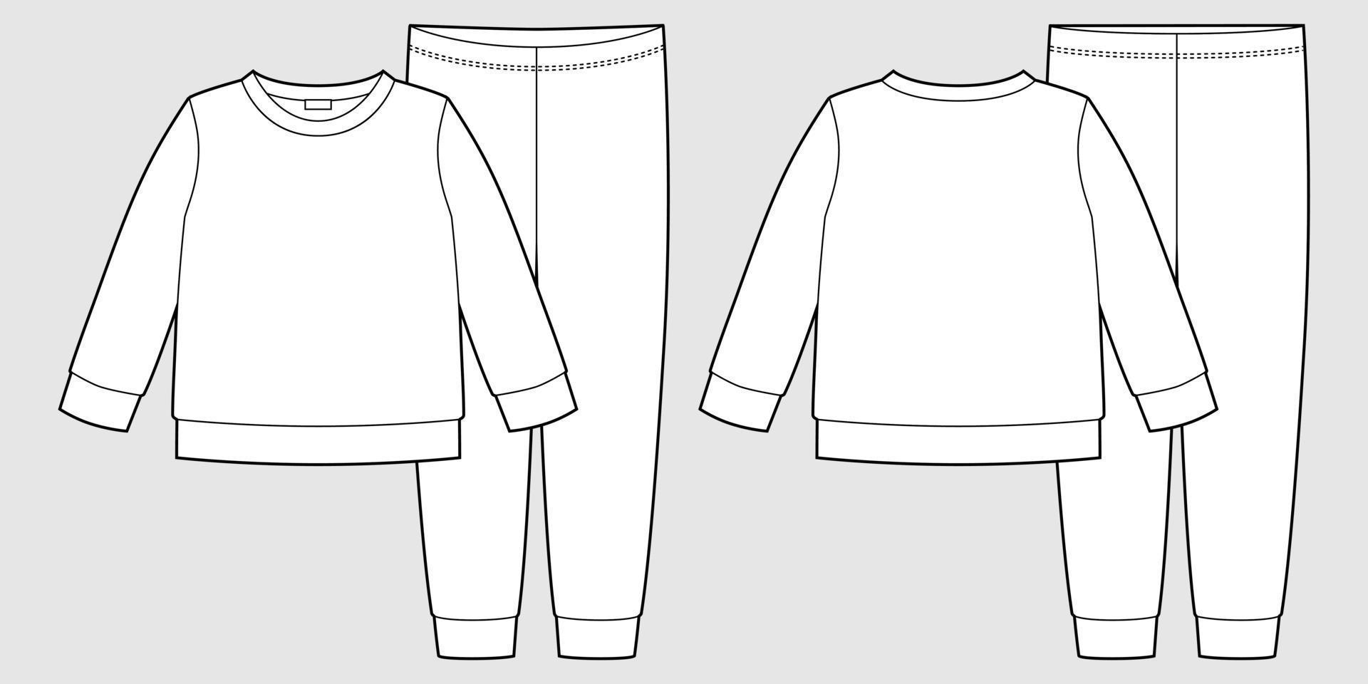 kleding pyjama technische schets. katoenen kindersweatshirt en broek. ontwerpsjabloon voor kinderen schetsen vector