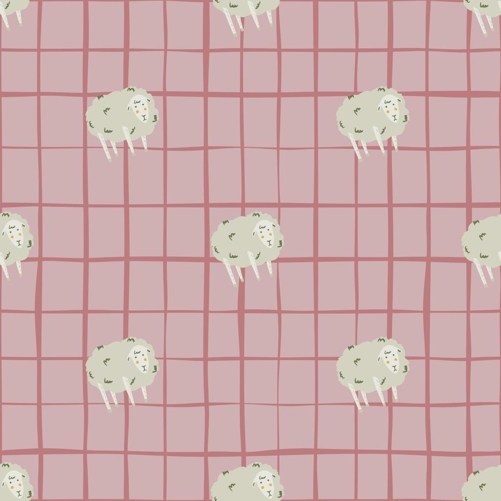 boerderij naadloos dierlijk patroon met schapen eenvoudige elementen. roze bleke geruite achtergrond. gestileerde dorpscartoonprint. vector