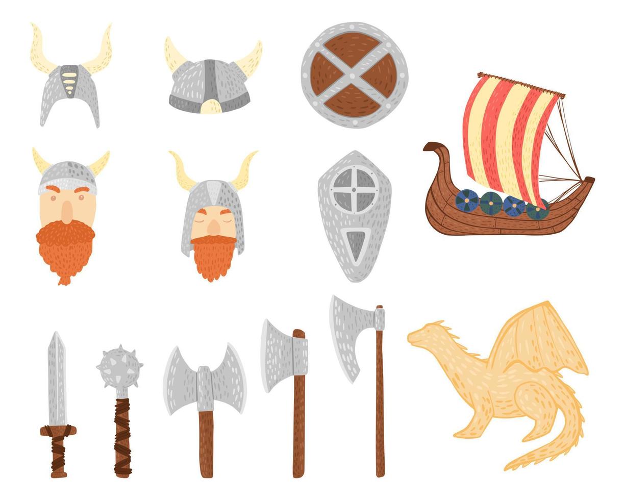 Vikingen in helm instellen op witte achtergrond. cartoon schattige vikingen, draak, schild, zwaard, harnas, bijl, drakkar in doodle. vector