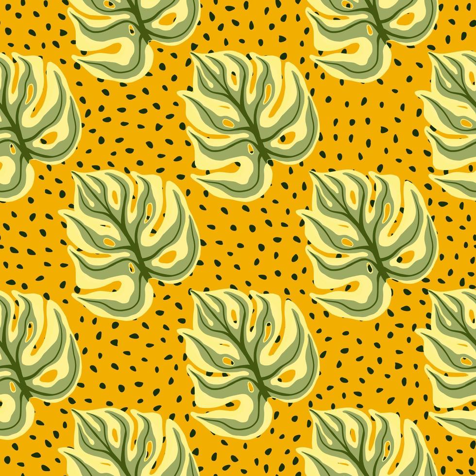 decoratief naadloos patroon met groene monstera blad silhouetten. gele gestippelde achtergrond. abstracte stijl. vector