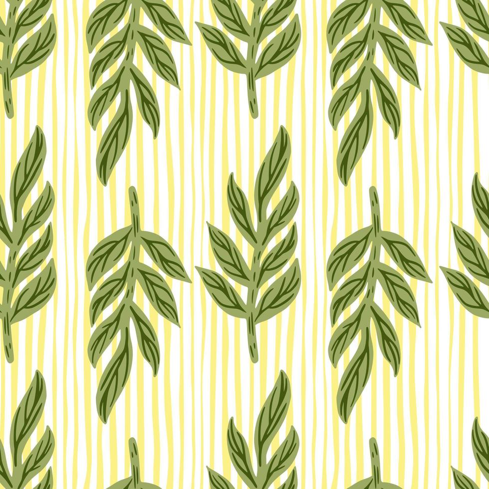 botanisch kruiden naadloos patroon met groen gekleurde hand getrokken bladtakken. gele gestreepte achtergrond. vector