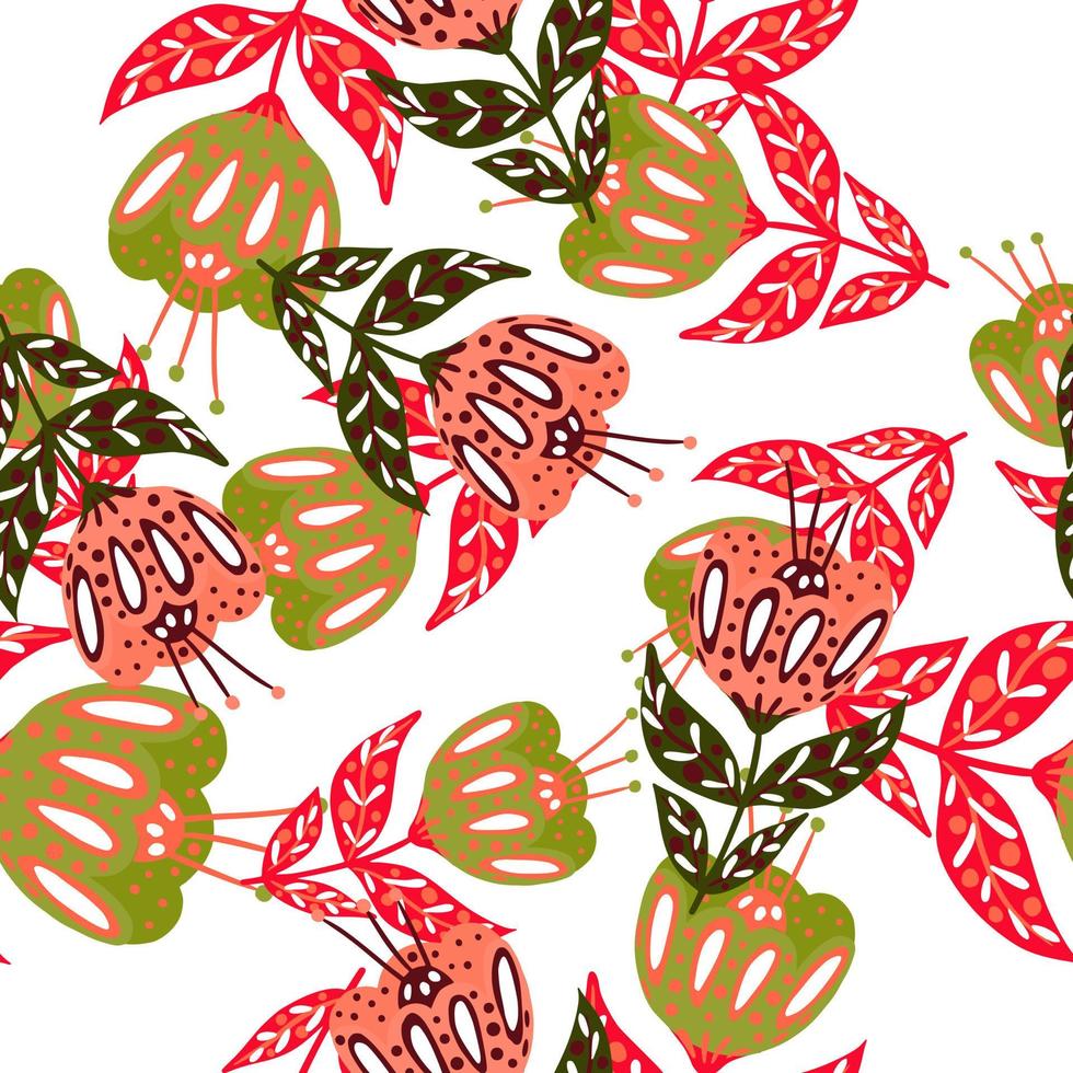geïsoleerde natuur naadloze patroon met abstracte groene en roze willekeurige folk bloemen ornament. witte achtergrond. vector