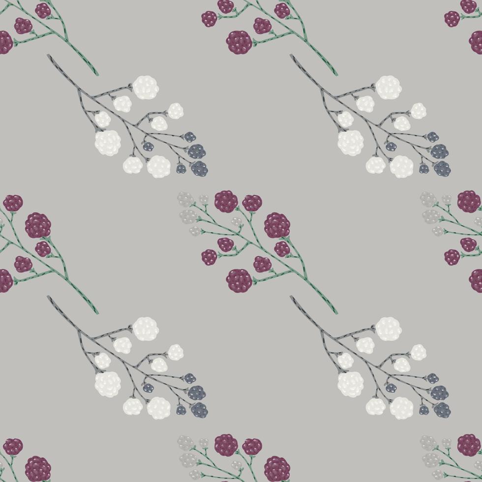 blackberry doodle ornament met witte en paarse bessen naadloze patroon. grijze achtergrond. vector