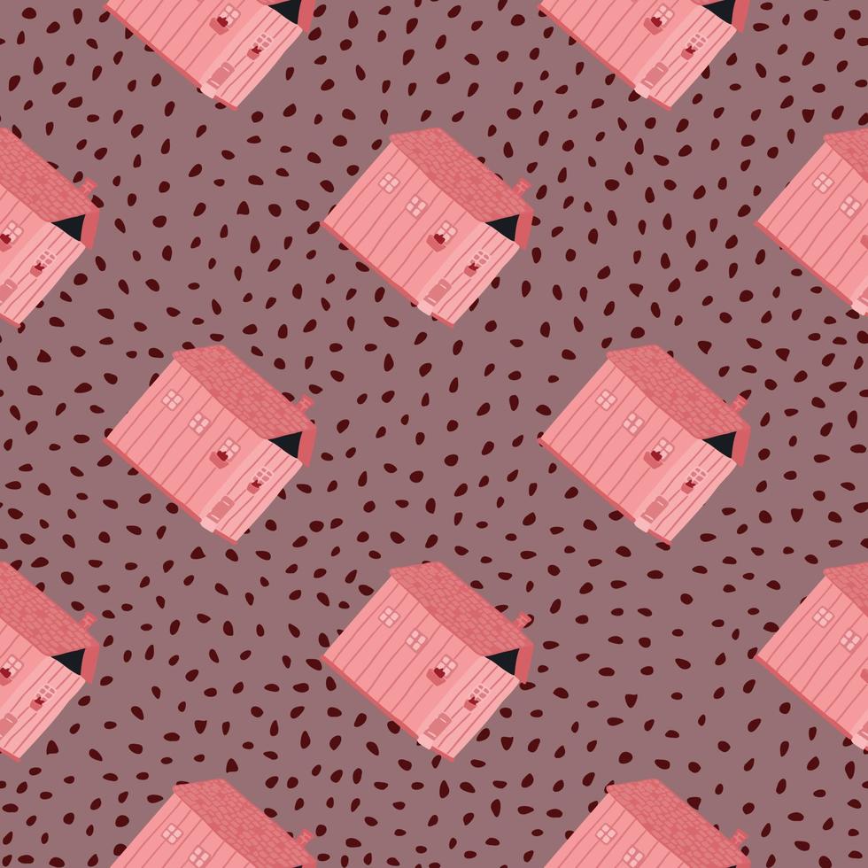 roze gekleurde huizen silhouetten naadloze patroon. doodle cottage ornament op bleke achtergrond met stippen. vector