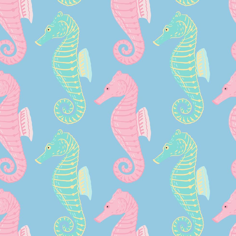 hand getekend onderwater dier naadloos patroon met turkoois en roze gekleurde zeepaardje print. blauwe achtergrond. vector
