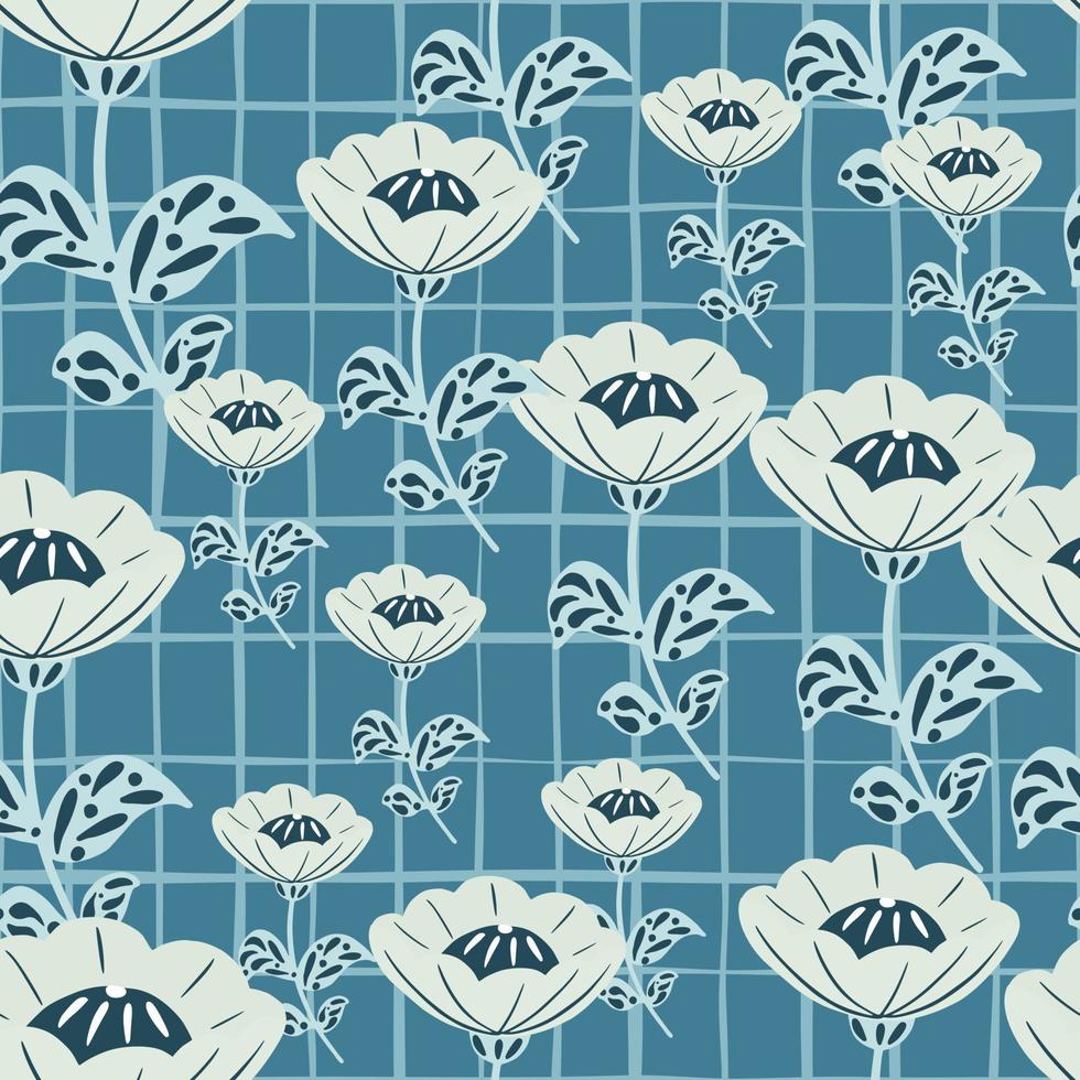 willekeurig naadloos patroon met witte willekeurige volksbloemenprint. blauwe geruite achtergrond. simpel ontwerp. vector