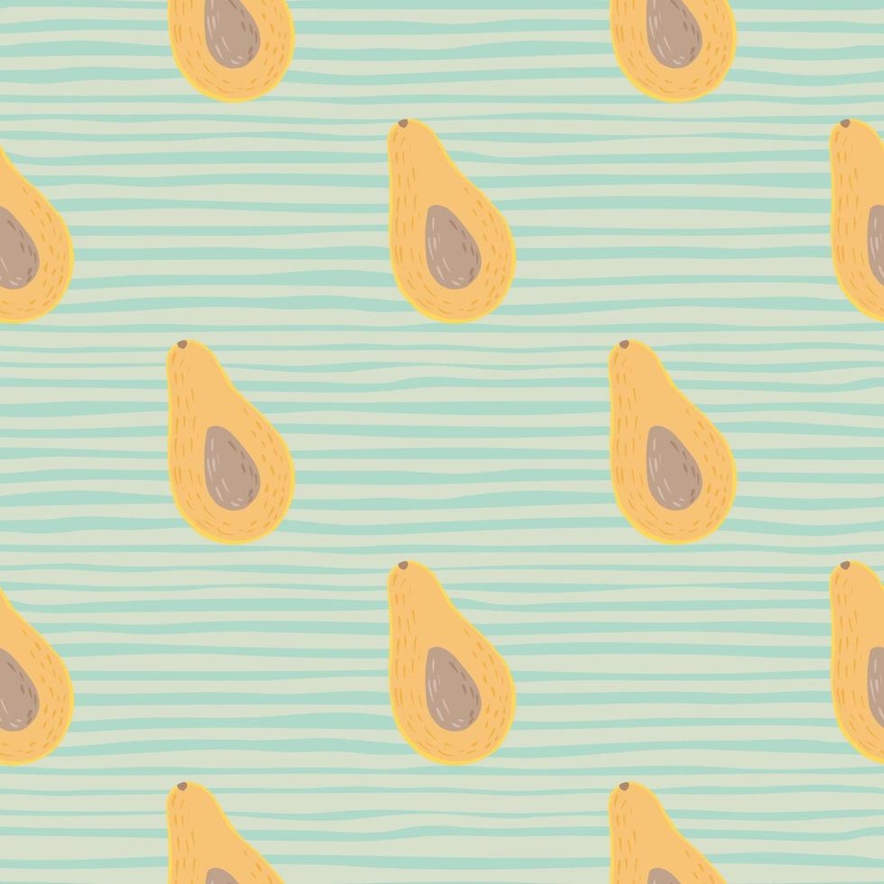 eenvoudig oranje avocado's halve vormen naadloos patroon. lichtblauwe gestripte achtergrond. natuurlijke veganistisch voedsel achtergrond. vector