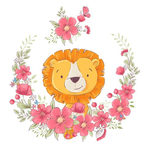 Ansichtkaart poster schattige kleine leon in een krans van bloemen. Handtekening. Vector