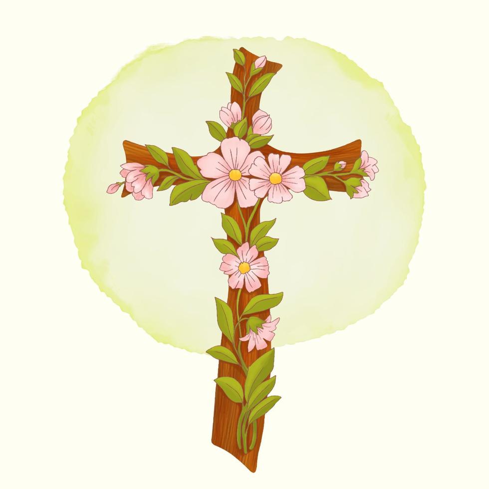 kruis met boeket, katholiek religieus symbool van Pasen, lentebloemstuk. vector