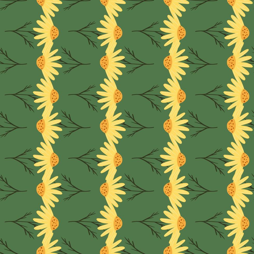 decoratief naadloos patroon met abstract geel madeliefjeornament. bloemen print op groene achtergrond. vector