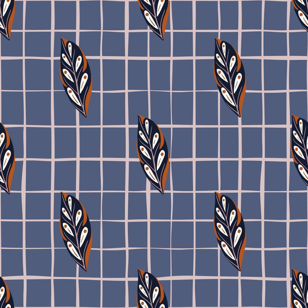 marineblauw en oranje gekleurde geometrische bladvormen print. blauwe spastelachtergrond met vinkje. pasteltinten. vector