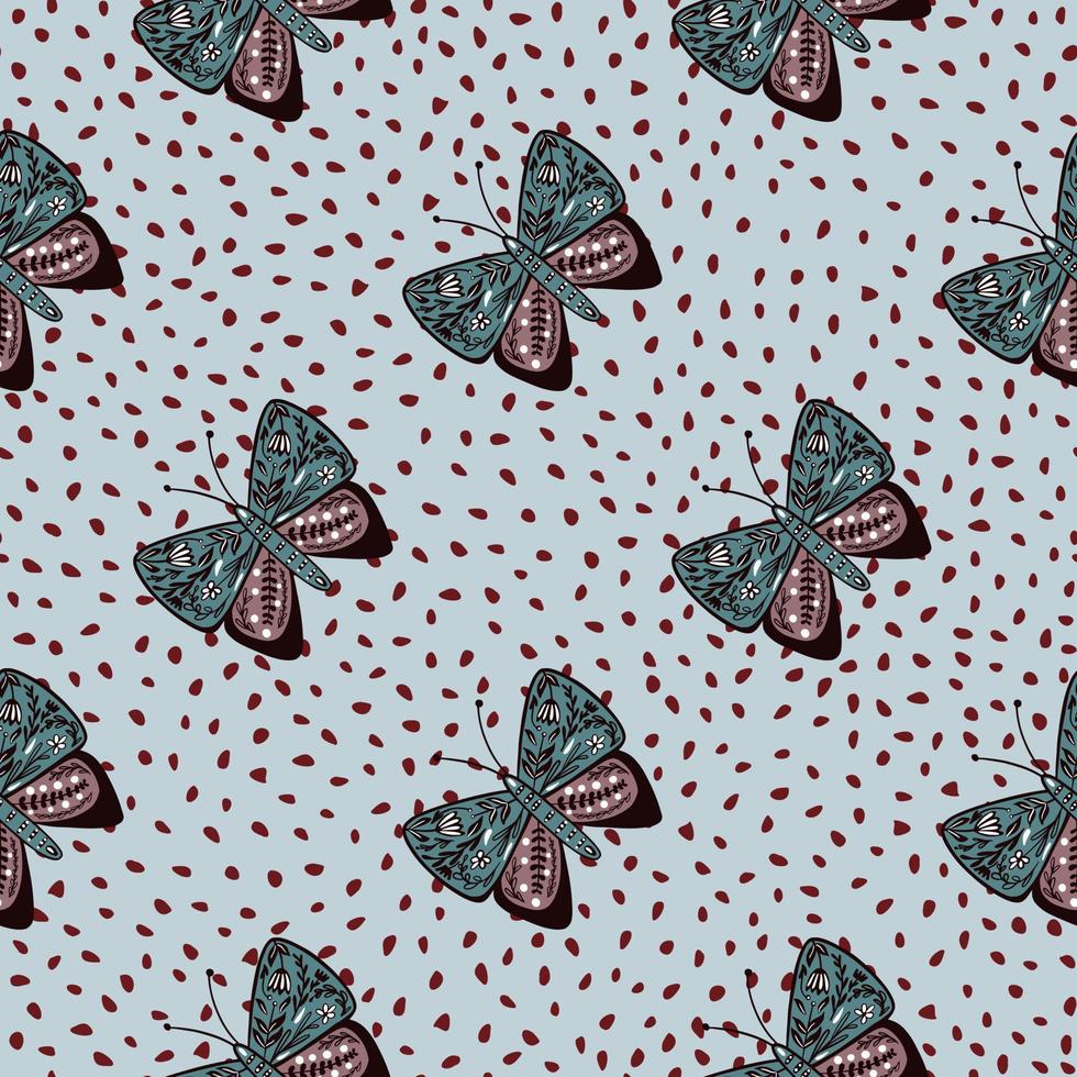 decoratief wild naadloos patroon met volksvlinderornament. blauwe gestippelde achtergrond. botanisch thema. vector