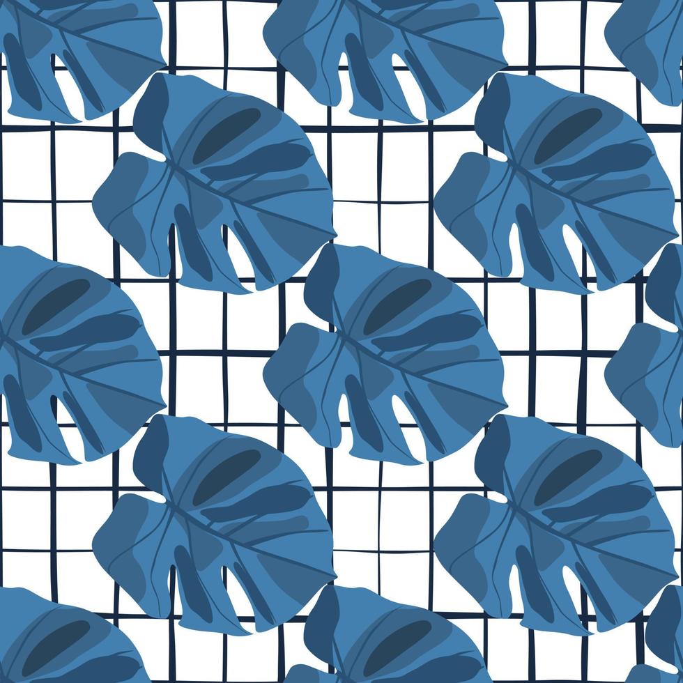 tropisch naadloos patroon met monsterasilhouetten. marineblauw botanisch ornament op wit geruite achtergrond. vector