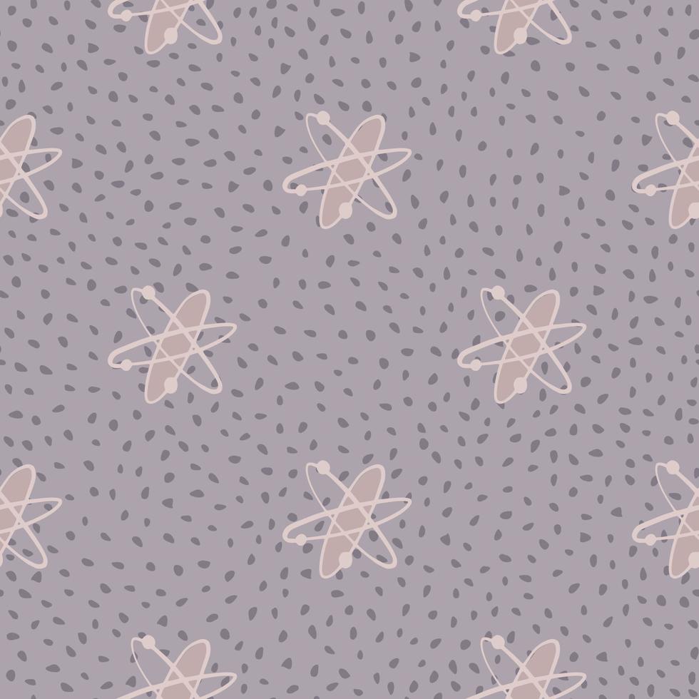 naadloze patroon met doodle chemie atoom silouettes. pastel paarse gestippelde achtergrond. onderwijs afdrukken. vector