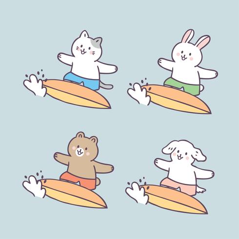 Cartoon schattige zomer dieren en surfen vector. vector