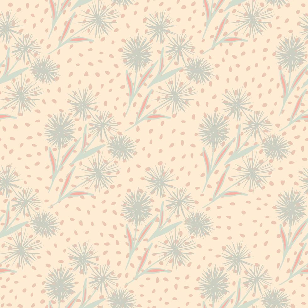 pastel licht naadloos patroon met handgetekende zachte blauwe paardebloemen. roze achtergrond met stippen. bloemenprint. vector