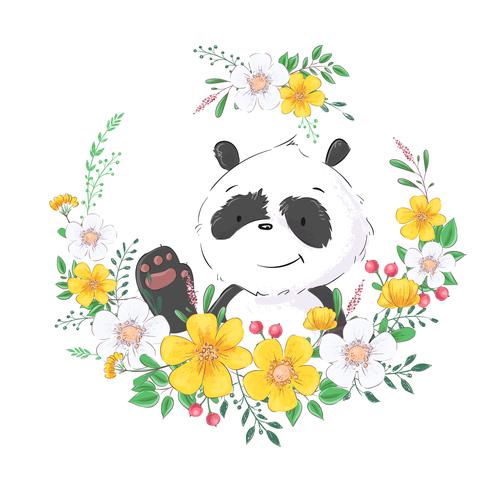 Ansichtkaart poster schattige kleine panda in een krans van bloemen. Handtekening. Vector
