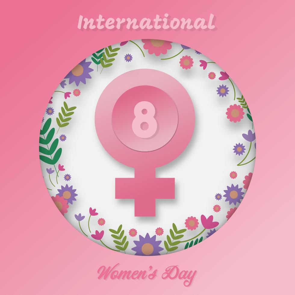 internationaal vrouwendagconcept. vrouwelijk symbool versierd met bloemen en bladeren en 8 cijfers op een roze achtergrond. gelijkheid, vrouwelijke kracht, onafhankelijkheid van denken en handelen. plat ontwerp. vector