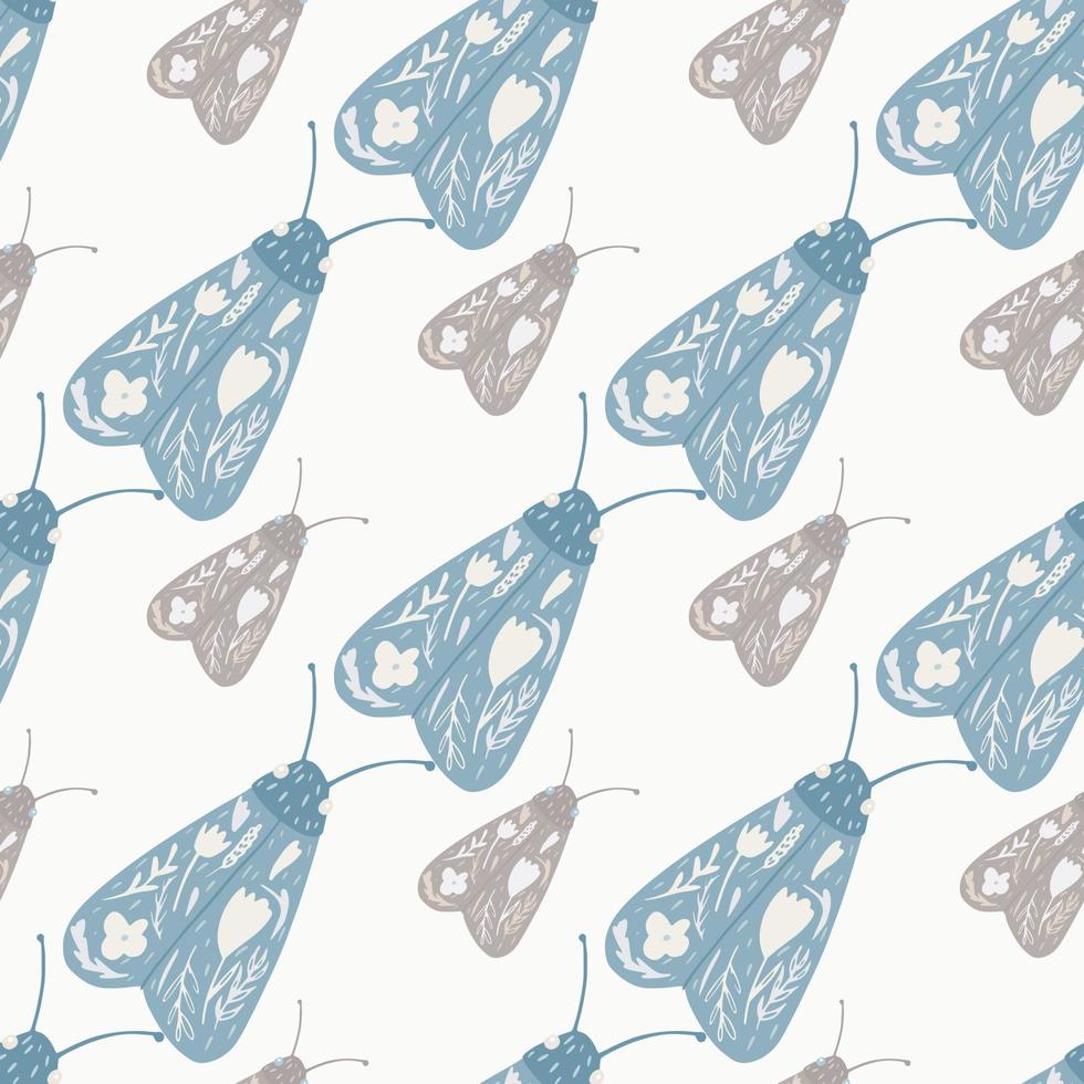 pastel zacht blauw en beige nachtvlinder naadloos patroon. hand getekende insecten silhouetten met folk ornament op witte achtergrond. vector