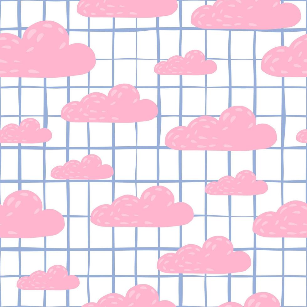 willekeurig schattig naadloos doodle wolkenpatroon. roze weer hemelelementen op wit geruite achtergrond. vector