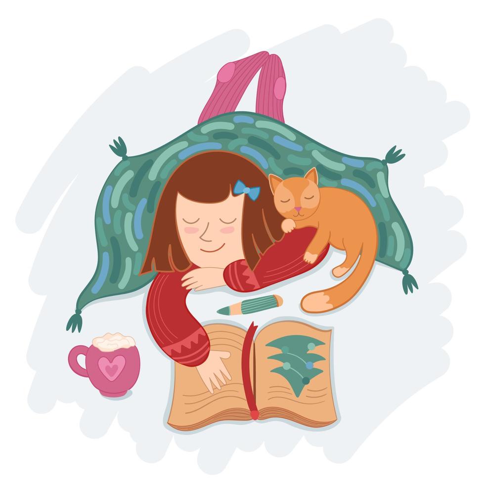 illustratie schattig meisje met kat en cacao onder deken vector