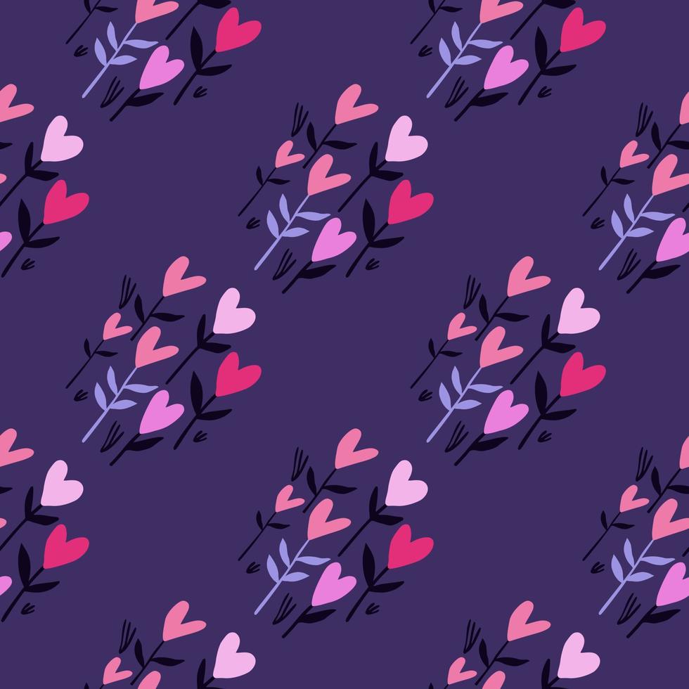 helder naadloos valentijnspatroon met roze hartbloemen. paarse achtergrond. romantisch kunstwerk. vector