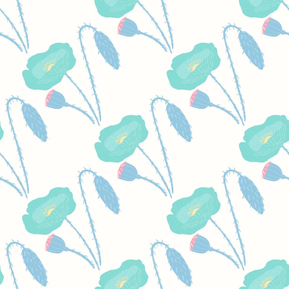 naadloos geïsoleerd patroon met hand getrokken blauwe papaversilhouetten. witte achtergrond. gestileerde botanische print. vector