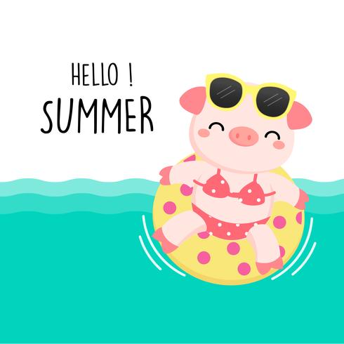 Welkom zomer schattig varken waren bikini en zwemmen ring cartoon. vector