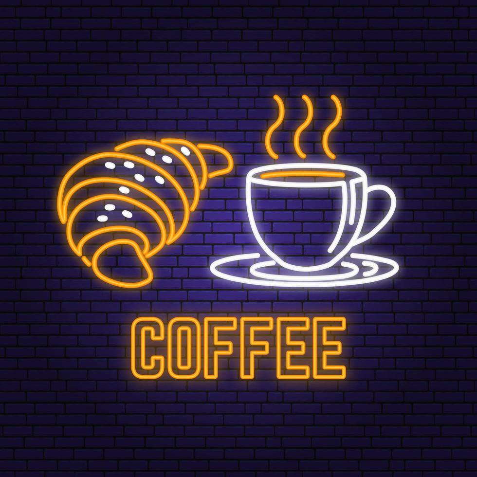 neon koffie en croissant retro teken op bakstenen muur achtergrond. ontwerp voor café, restaurant. vector. neonontwerp voor pub- of fastfoodzaken. licht teken banner. glazen buis. vector