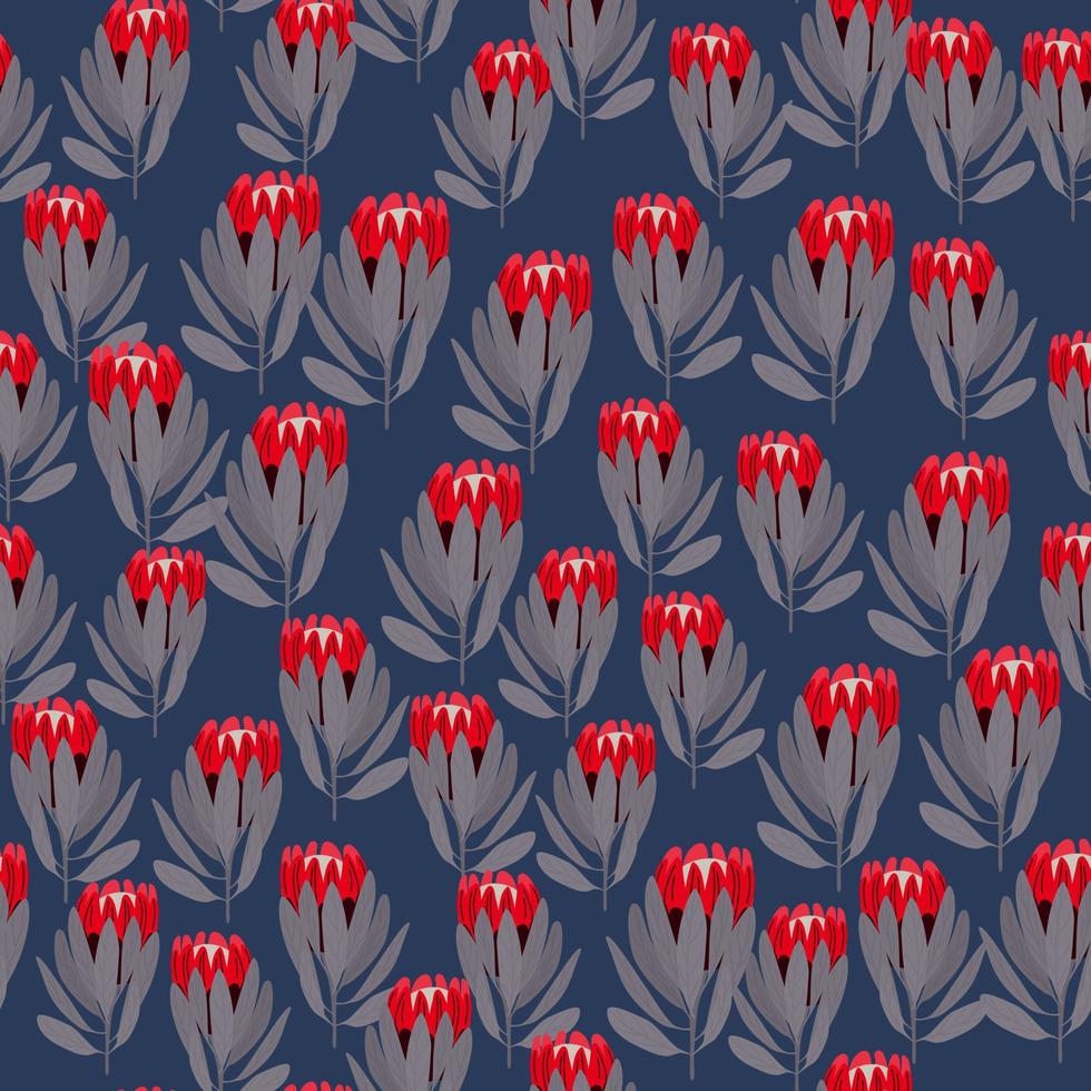 grijze bladeren en rode protea bloemen naadloos patroon. marineblauwe achtergrond. willekeurige kleine natuur achtergrond. vector