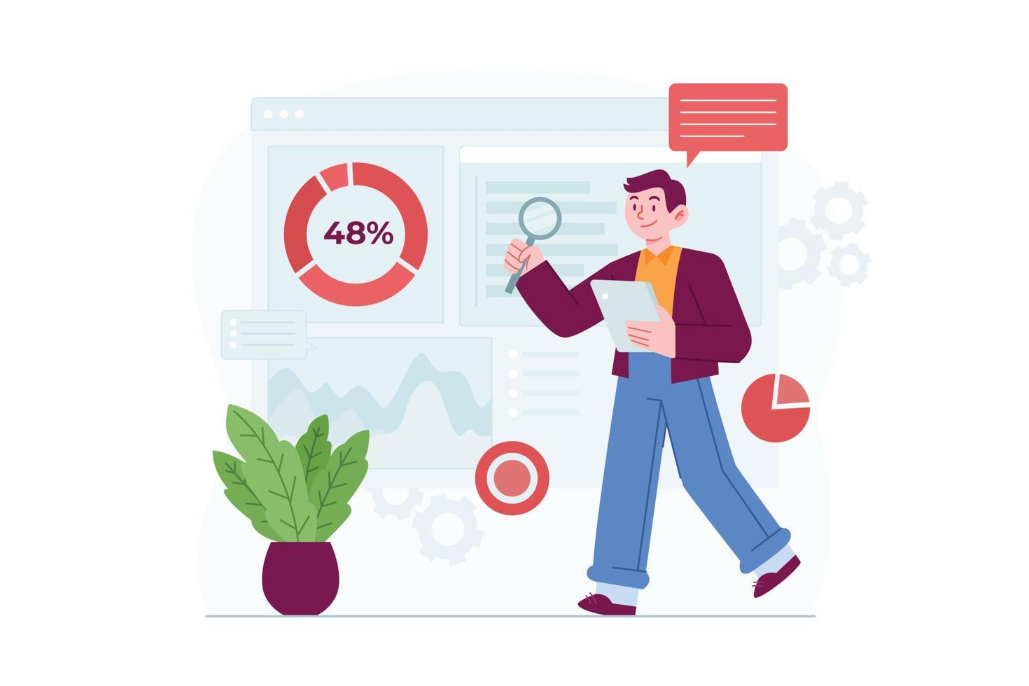 dataanalystdata analist concept vector illustratie idee voor bestemmingspagina sjabloon, statistische analyse en informatie data onderzoek audit, zakelijke financiële grafiek, berekening. met de hand getekend plat