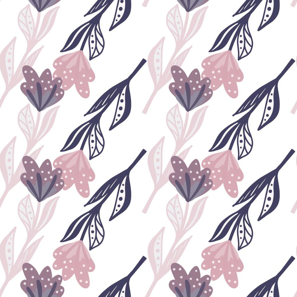 naadloze geïsoleerde patroon met doodle roze, paarse en marineblauw gekleurde bloemen vormen. witte achtergrond. vector