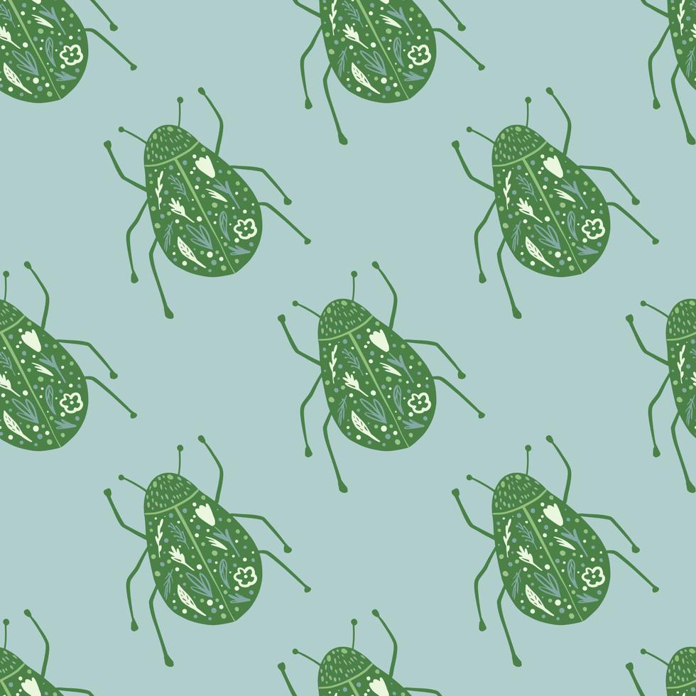 groene folk bugs silhouetten naadloze gestileerde patroon. exotisch faunakunstwerk met blauwe achtergrond. vector