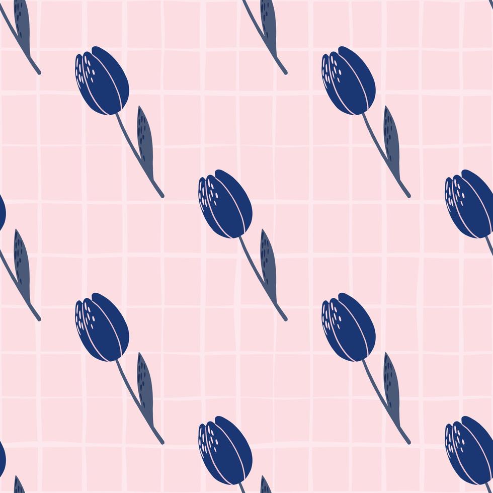 marineblauwe tulp silhouetten naadloze patroon. hand getekend bloemenornament op roze geruite achtergrond. vector