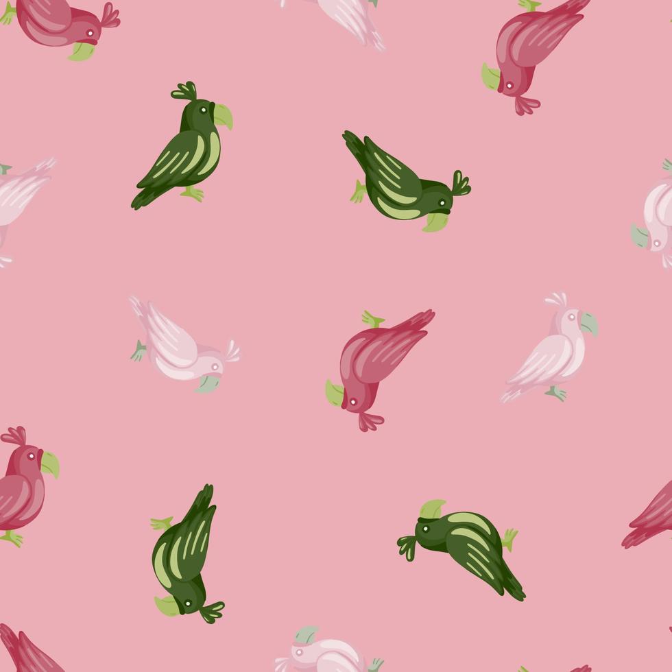naadloos patroon met willekeurige roze, witte en groene papegaaienelementen. pastel roze achtergrond. vector