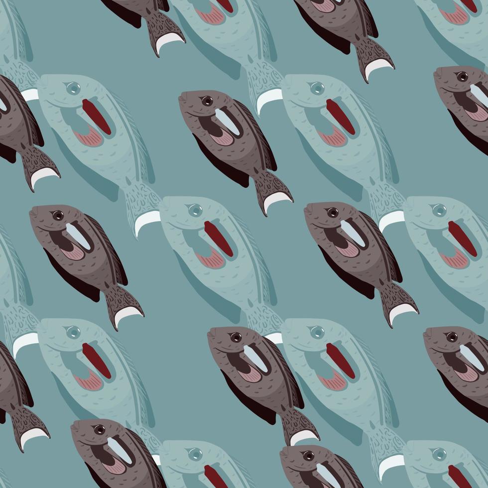 cartoon abstracte oceaan fauna naadloze patroon met doodle chirurg vis print. blauwe en bruine pasteltinten. vector