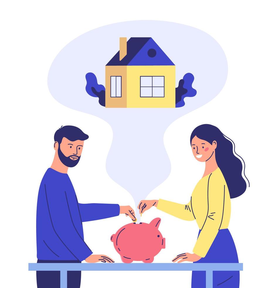 een jong gezin gooit geld in een spaarpot om een huis te kopen. huis kopen concept. cartoon stijl vector