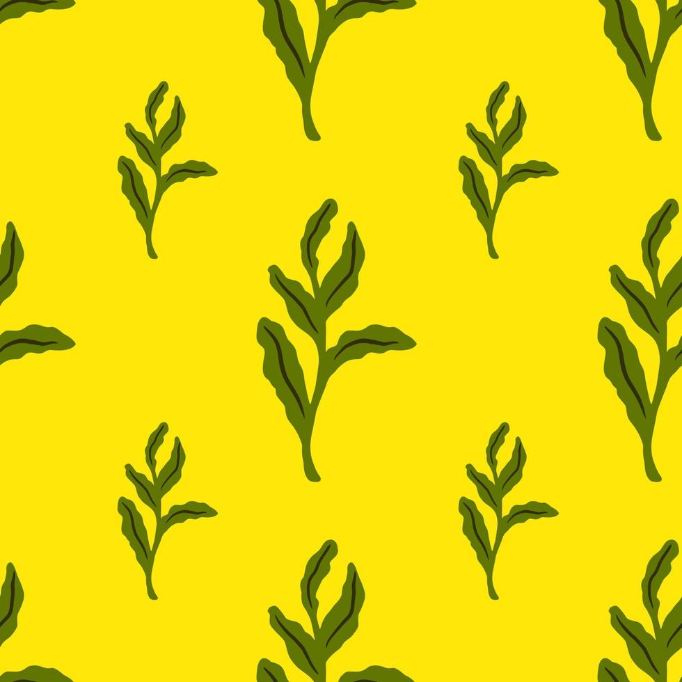 helder naadloos natuurpatroon met groene tropische bladtakken silhouetten. gele achtergrond. vector