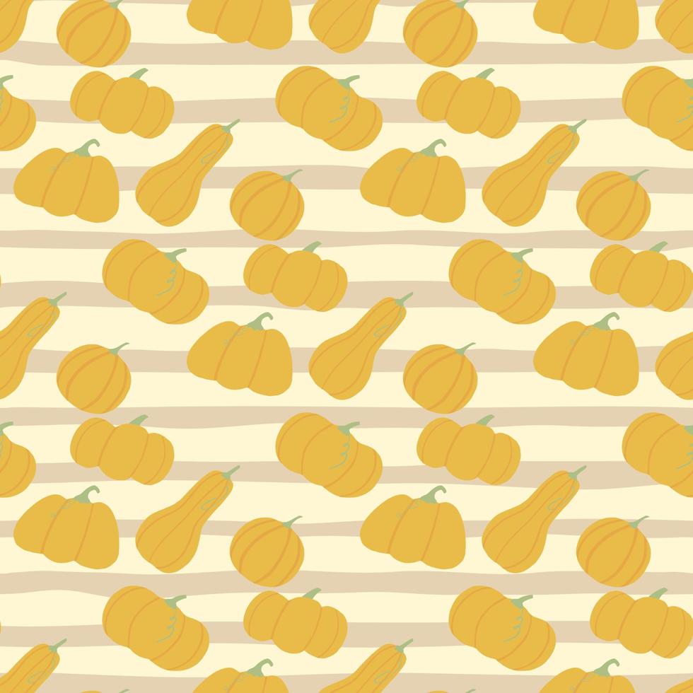 eenvoudig voedsel naadloos patroon met oranje pompoenen. lichtpaarse achtergrond met strips. vector