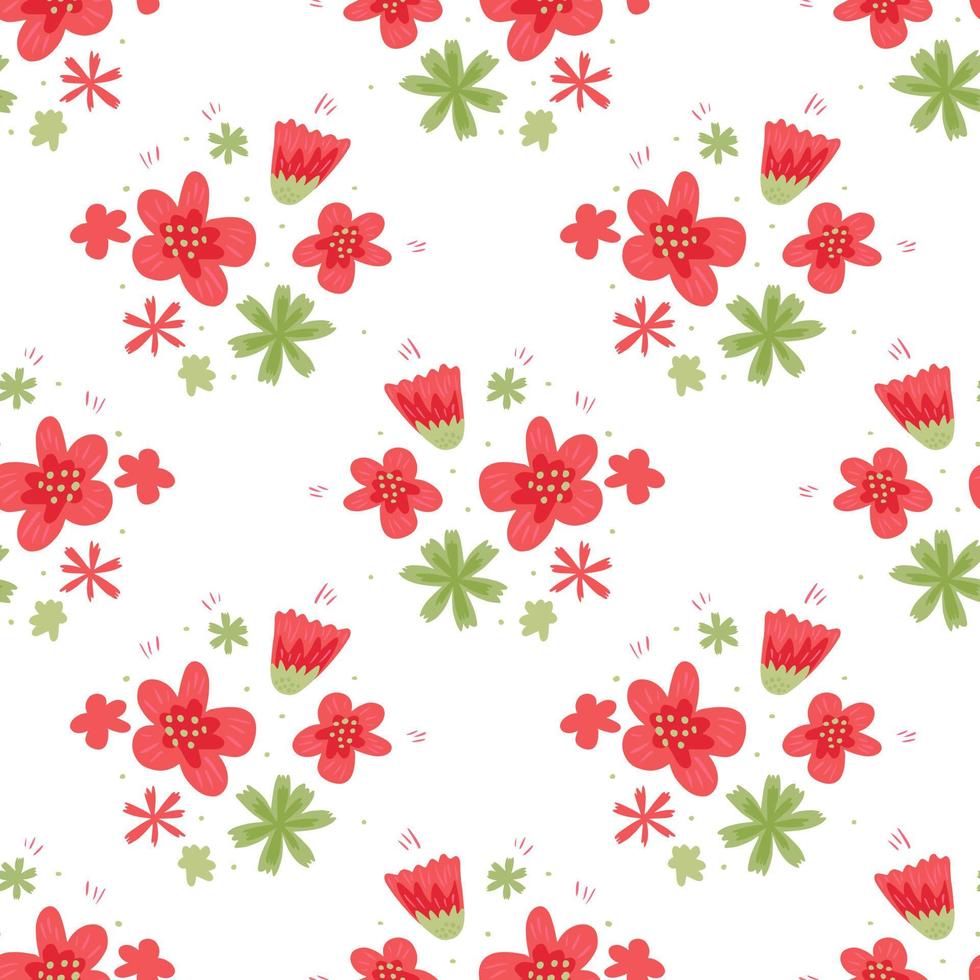 geïsoleerde naadloze patroon met eenvoudige creatieve rode en groene bloemen silhouetten op witte backround. vector
