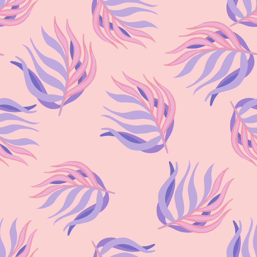 willekeurig tropisch naadloos patroon met de hand getekende blauw gekleurde bladeren afdrukken. roze achtergrond. vector
